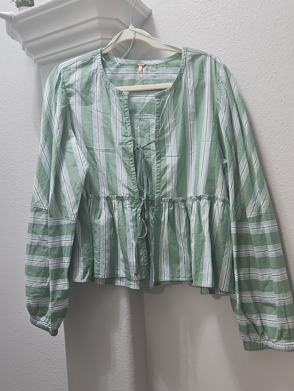 Free People Light Green Striped Peplum Tie-Front Women's Top